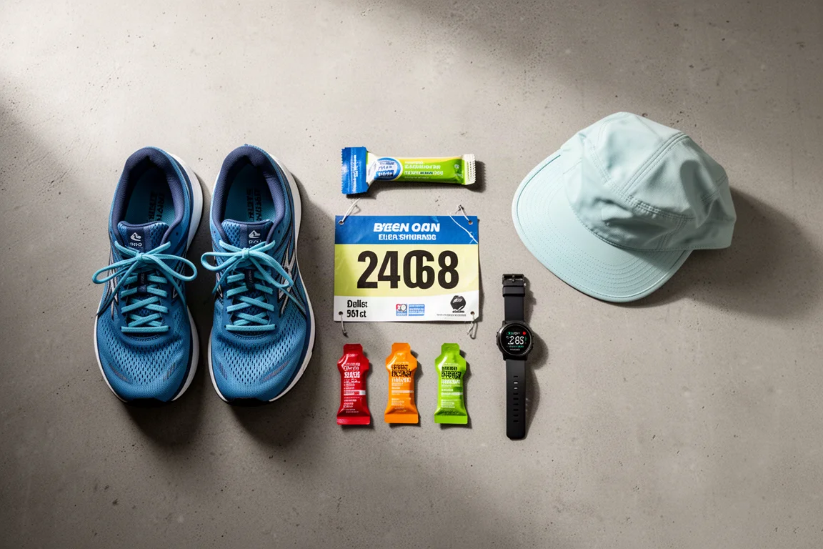 Vista cenital en flat-lay de los imprescindibles del día de carrera junto a un par de zapatillas de competición