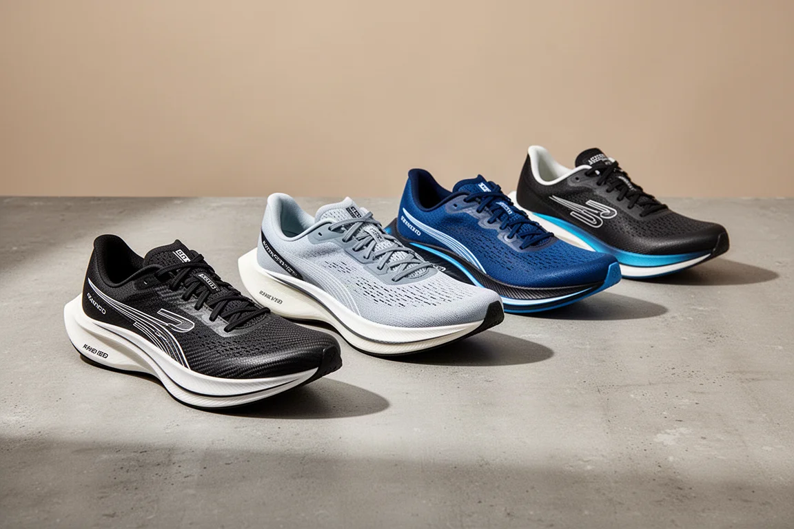 Lineup of modern carbon plate marathon racing shoes on a concrete surface