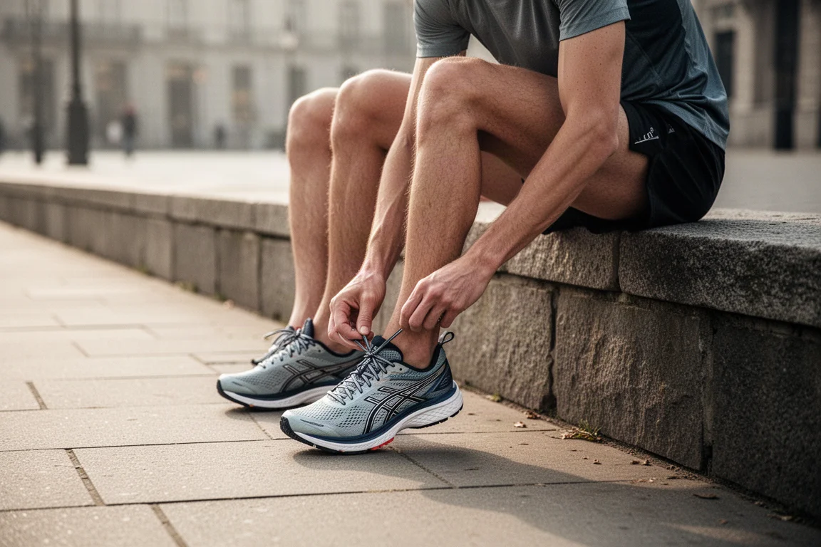 Un corridore allaccia le stringhe di una scarpa da corsa leggera sull'asfalto