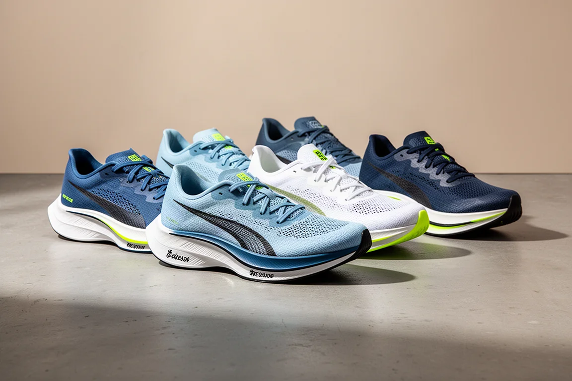Five carbon racing shoes arranged on a concrete surface in a loose arc