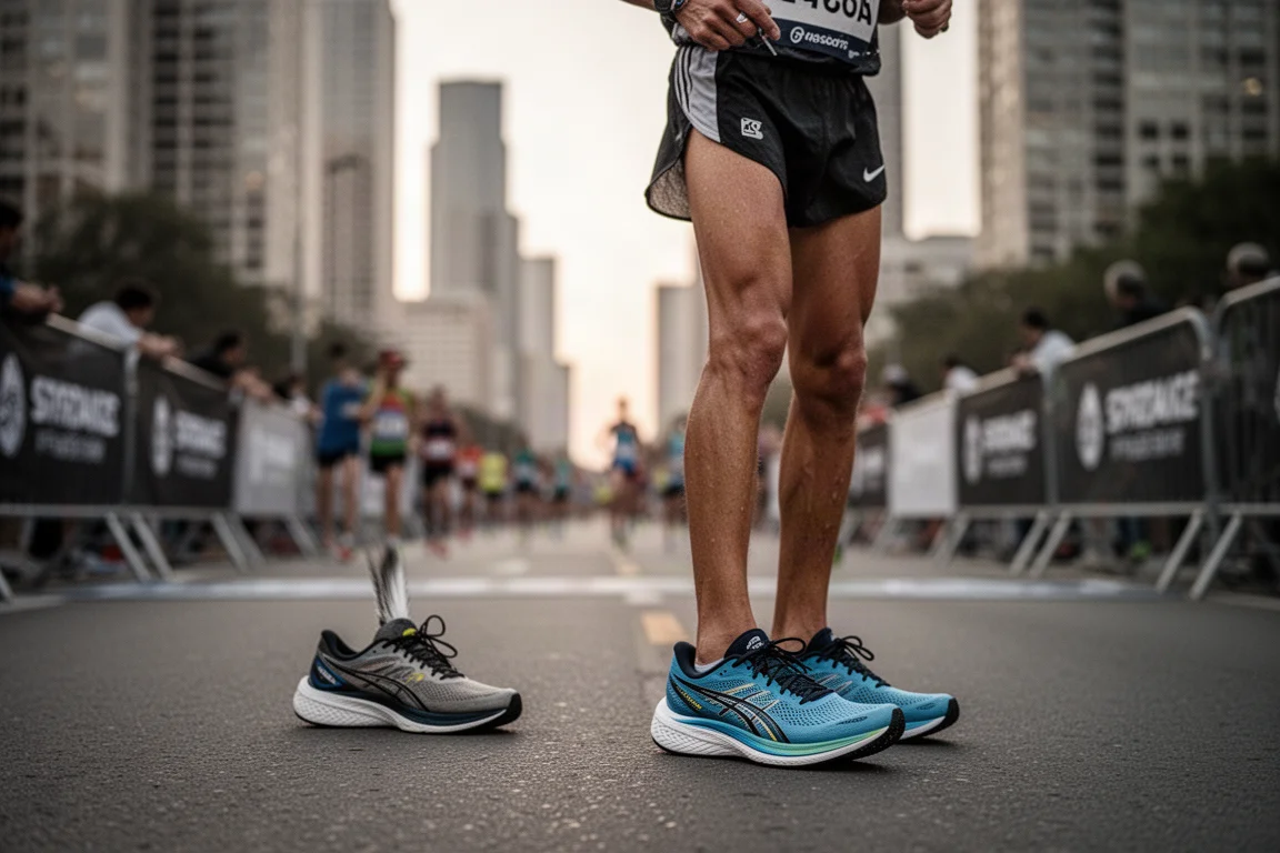 Runner lining up for a city road race in low-profile carbon racing shoes