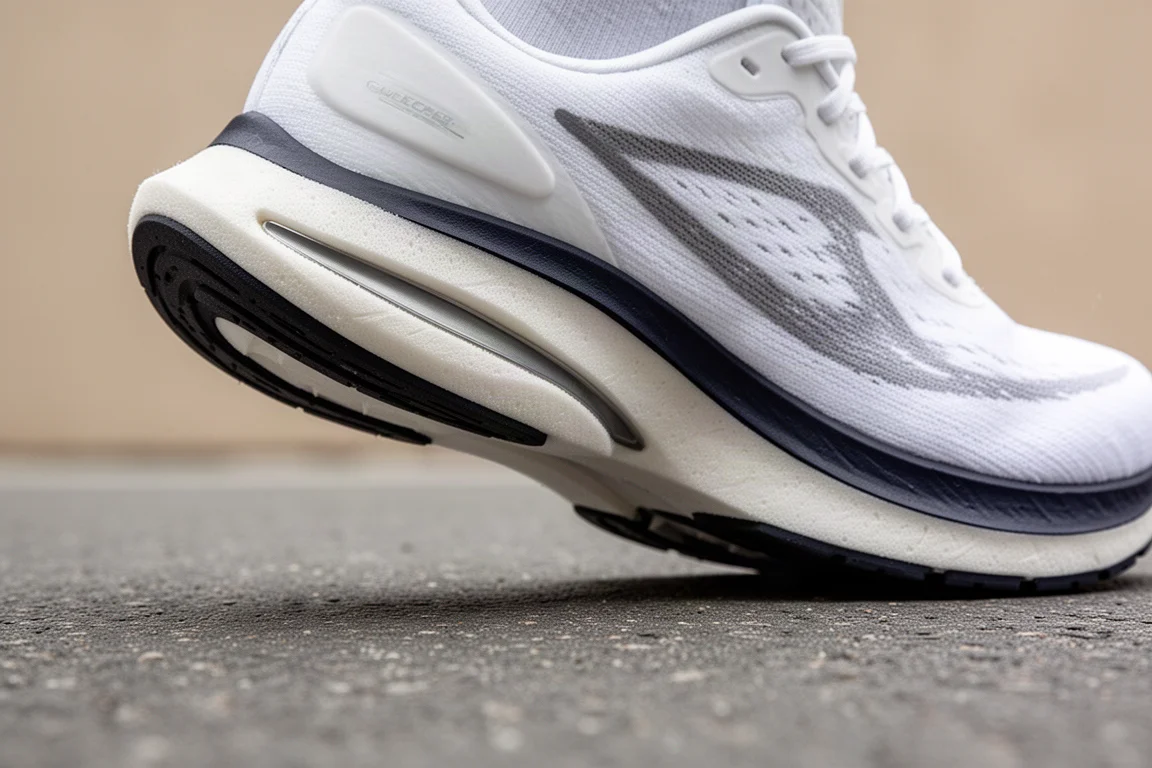 Close-up of a thick carbon plate midsole flexing on smooth tarmac