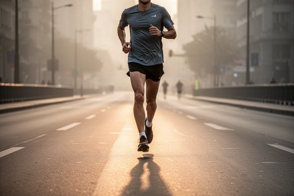 Runner picking up pace on an open half marathon road at sunrise