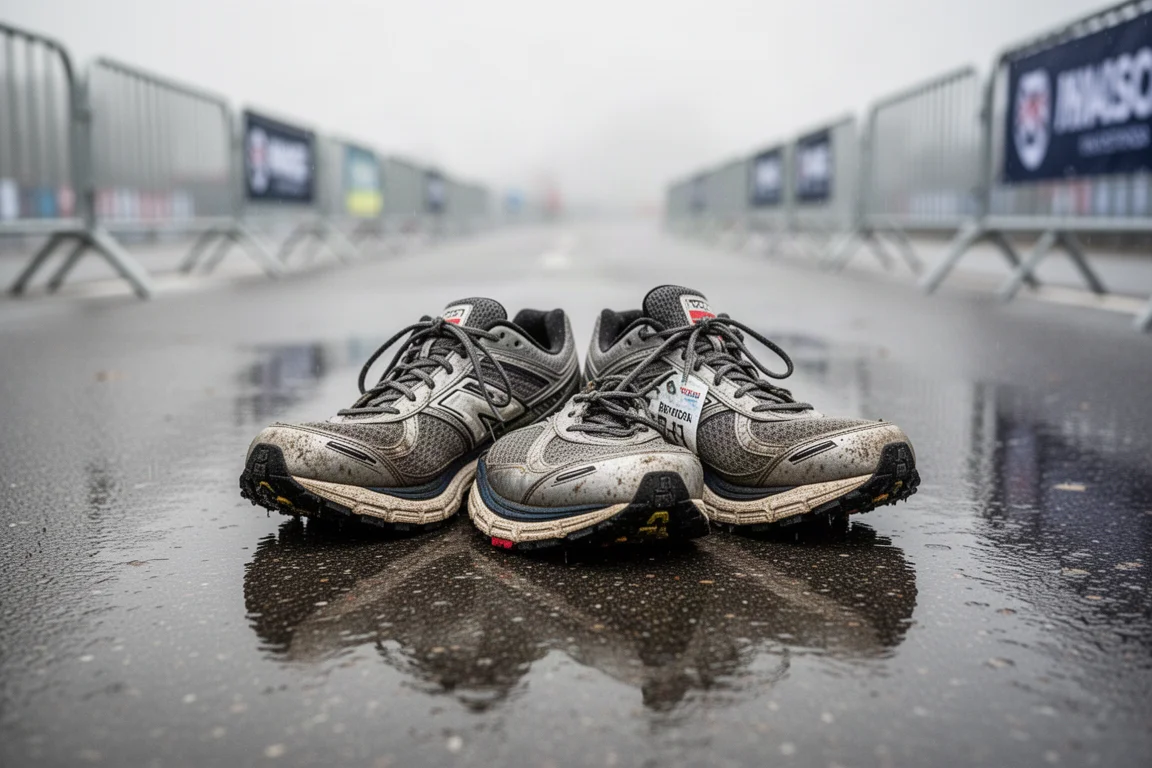 Pair of trail-side marathon shoes resting on wet pavement after a race