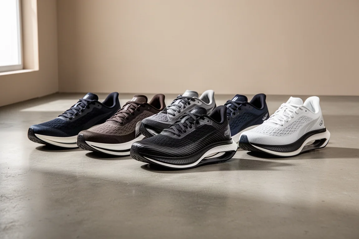 Lineup of six carbon plate racing shoes on a concrete studio floor