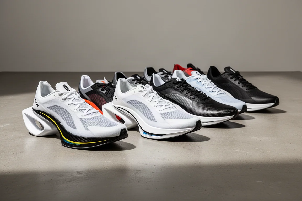 Eight carbon-plated racing shoes arranged in a line on a concrete surface