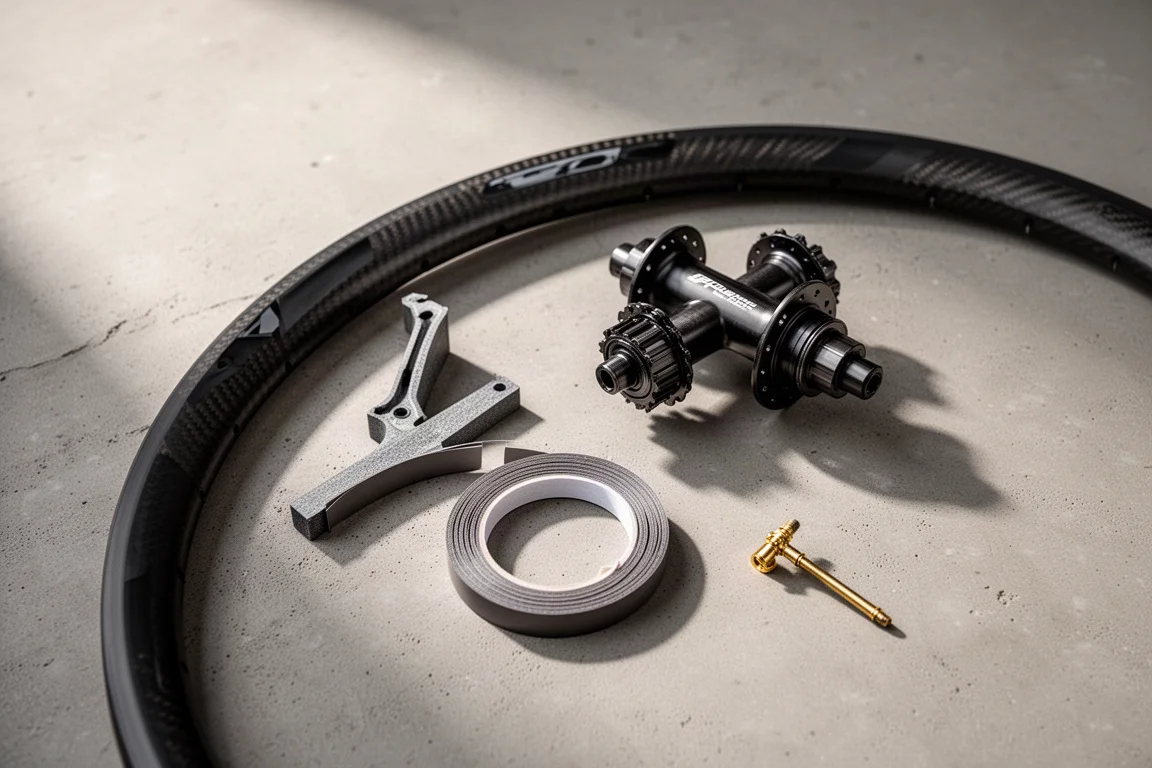 Carbon road bike wheel resting in a truing stand on a workshop bench with tools nearby