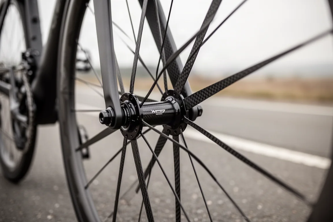 Macro detail of a machined bicycle rear hub shell resting on a brushed metal surface