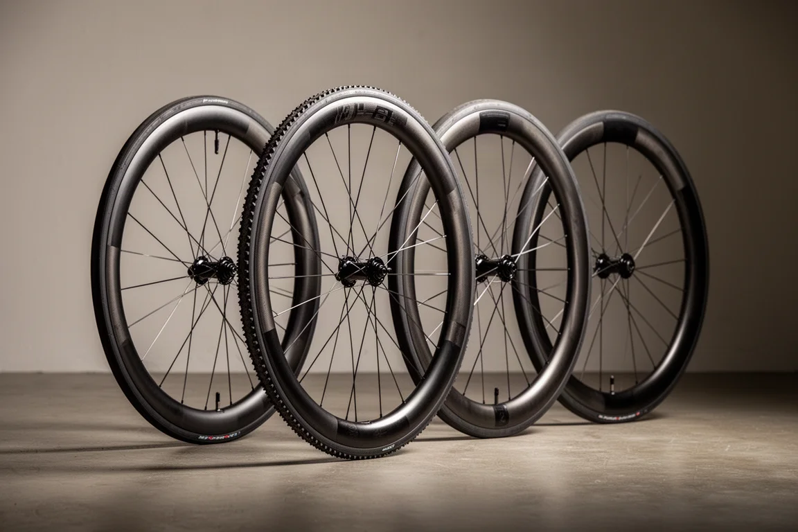 Row of six carbon road bike wheelsets of varying rim depths on a concrete floor