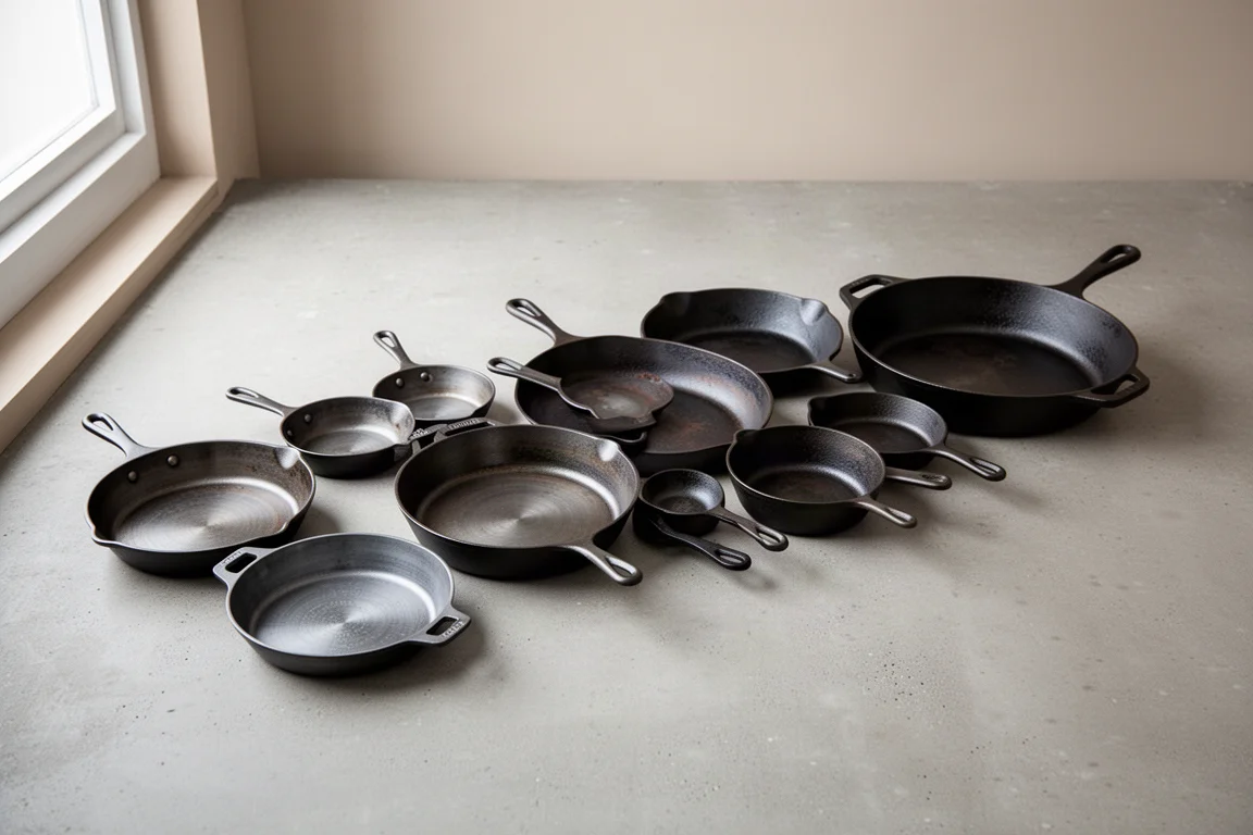 Lineup of carbon steel and cast iron skillets on a matte concrete surface