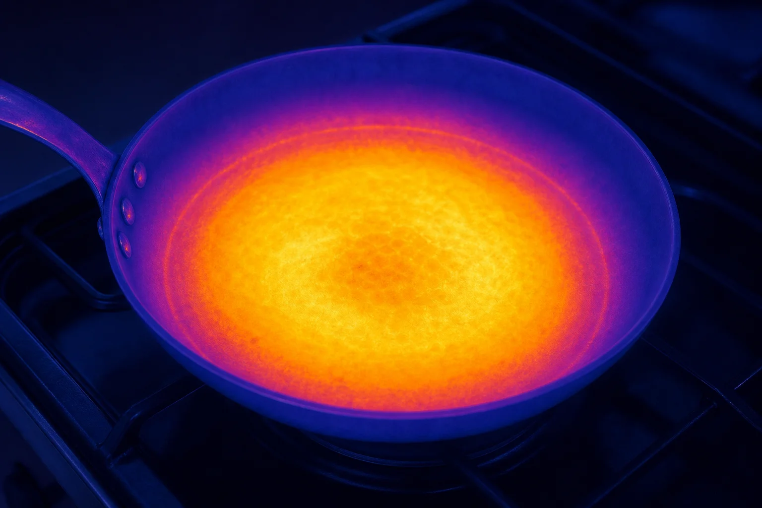 Thermal camera view showing heat distribution across a carbon steel pan