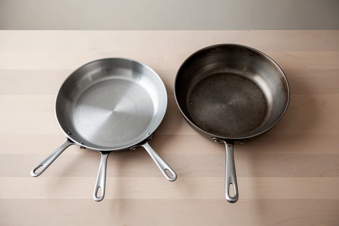 木製カウンターに並ぶ、浅いオムレツ用スキレットと深めのスキレットを上から見た様子