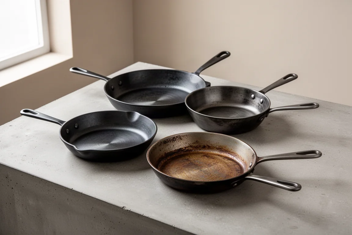 Four carbon steel skillets of varying sizes arranged on a concrete surface