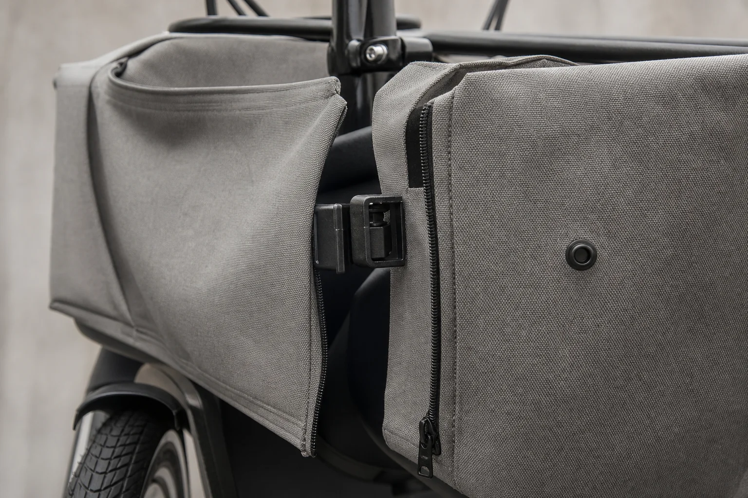 Close-up of canvas cargo flaps with zipper and attachment points