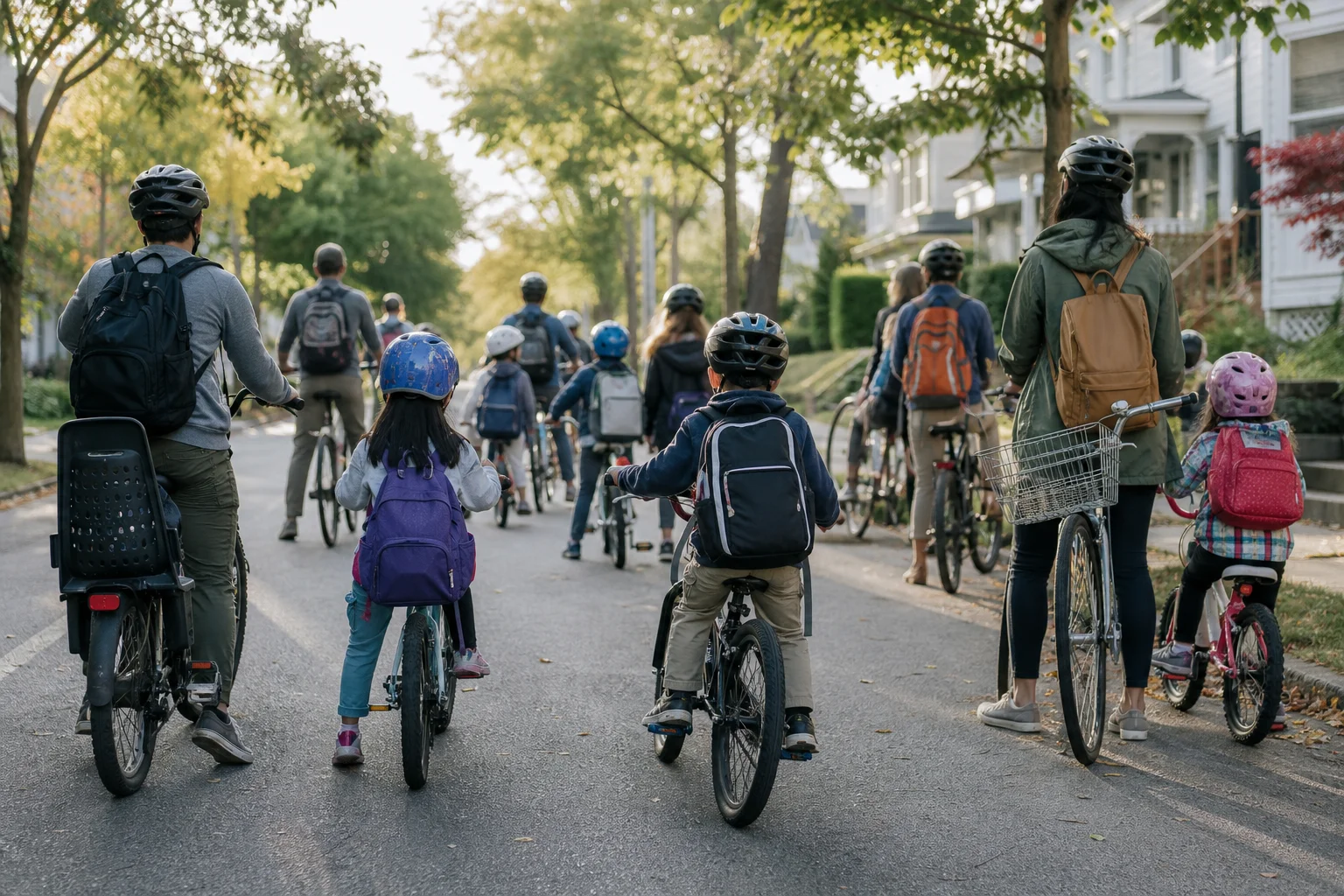 Group of families with bikes gathered for a bike bus community ride