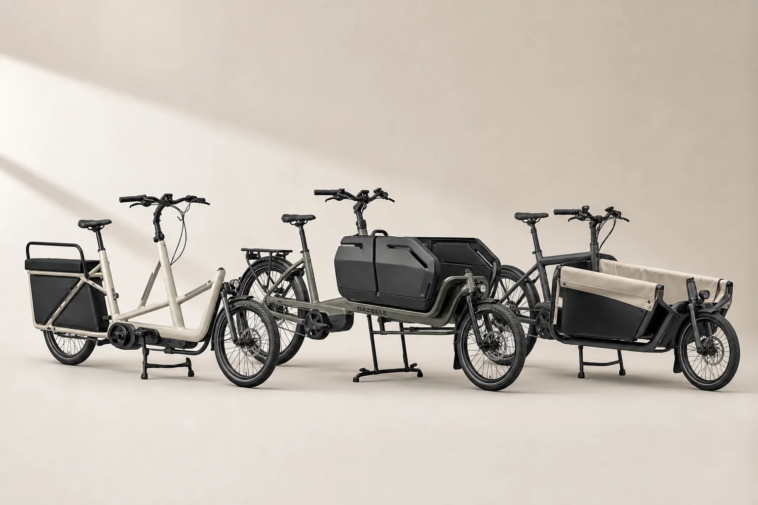 Tres bicicletas eléctricas de carga expuestas una al lado de la otra sobre un fondo neutro