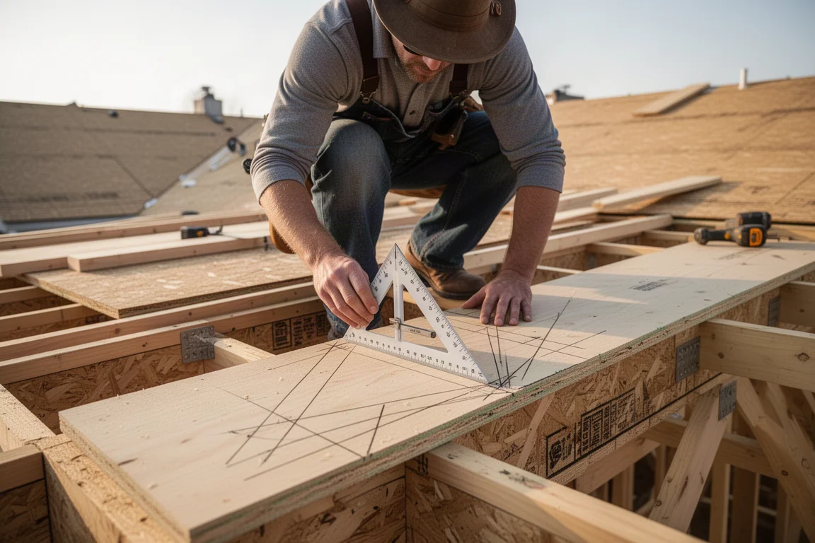 Dachdecker markiert Sparrenschnitte an einer schrägen Sparrenplatte auf der Baustelle