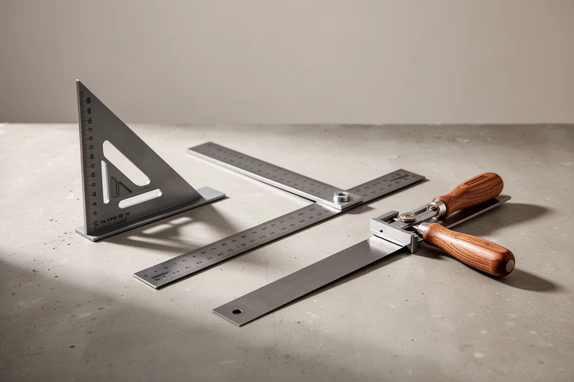 Speed square, framing square, and sliding T-bevel arranged on a concrete surface