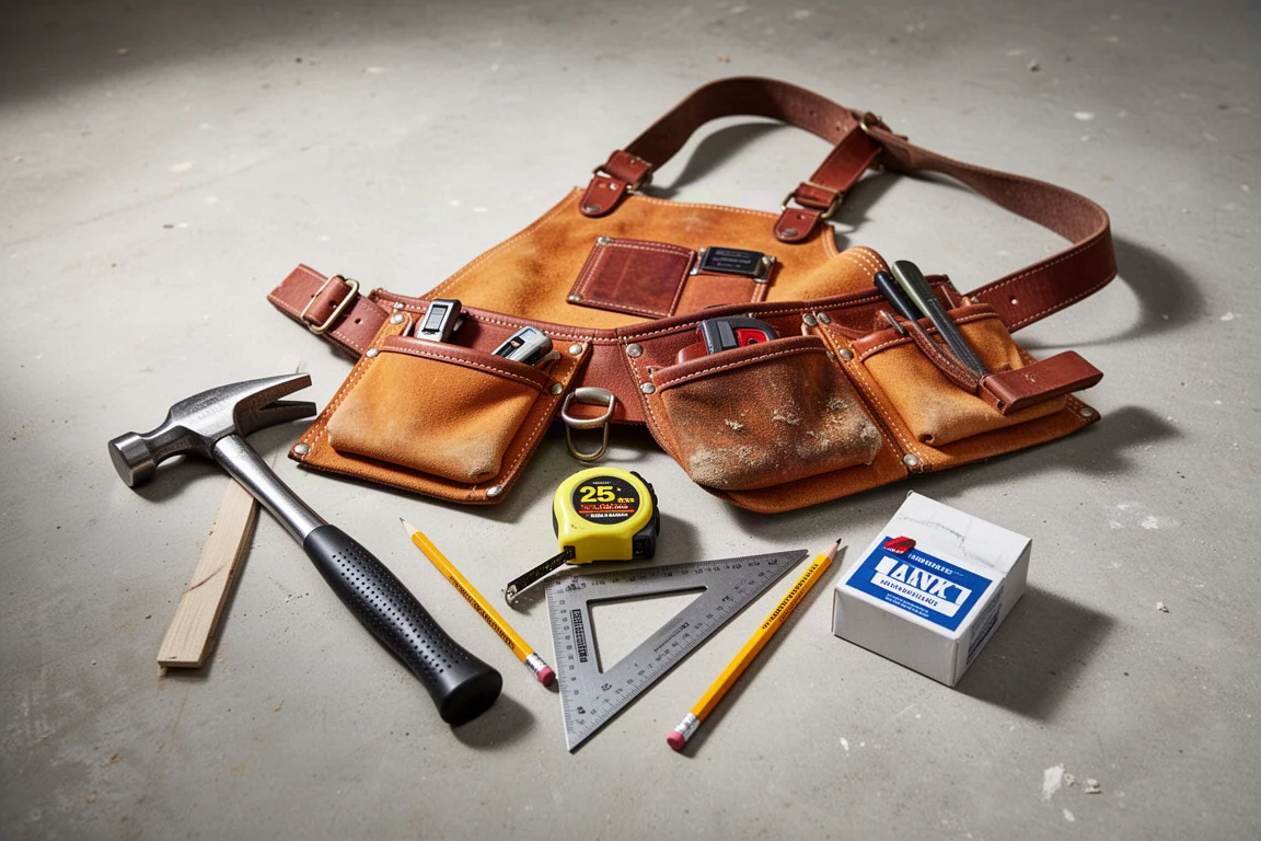 Leather tool belt apron with hammer, tape measure, speed square, pencil, and chalk box on concrete