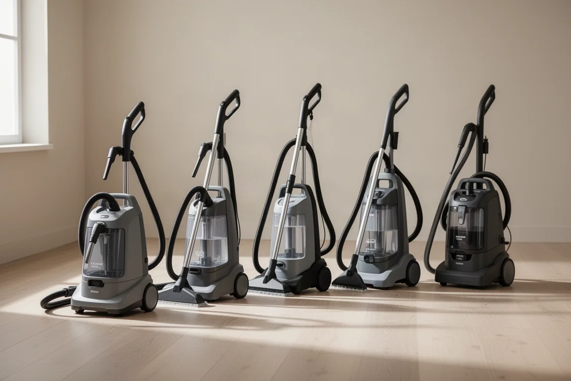 Lineup of five portable carpet spot cleaner machines on a light wooden floor