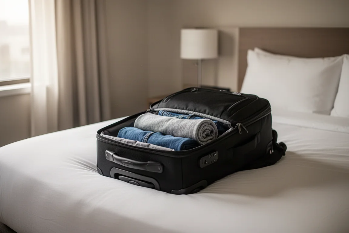 Un viajero haciendo la maleta en una mochila grande de mano abierta sobre una cama de hotel