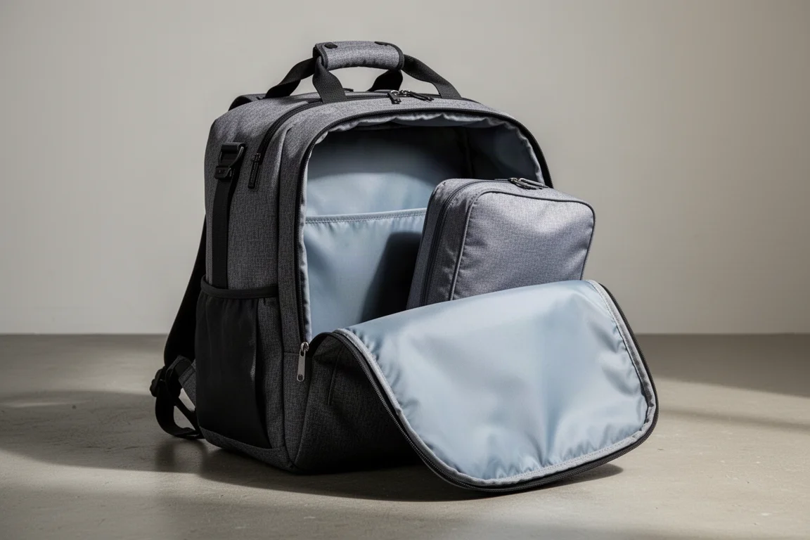 Mochila tipo duffel totalmente abierta mostrando su amplio compartimento principal