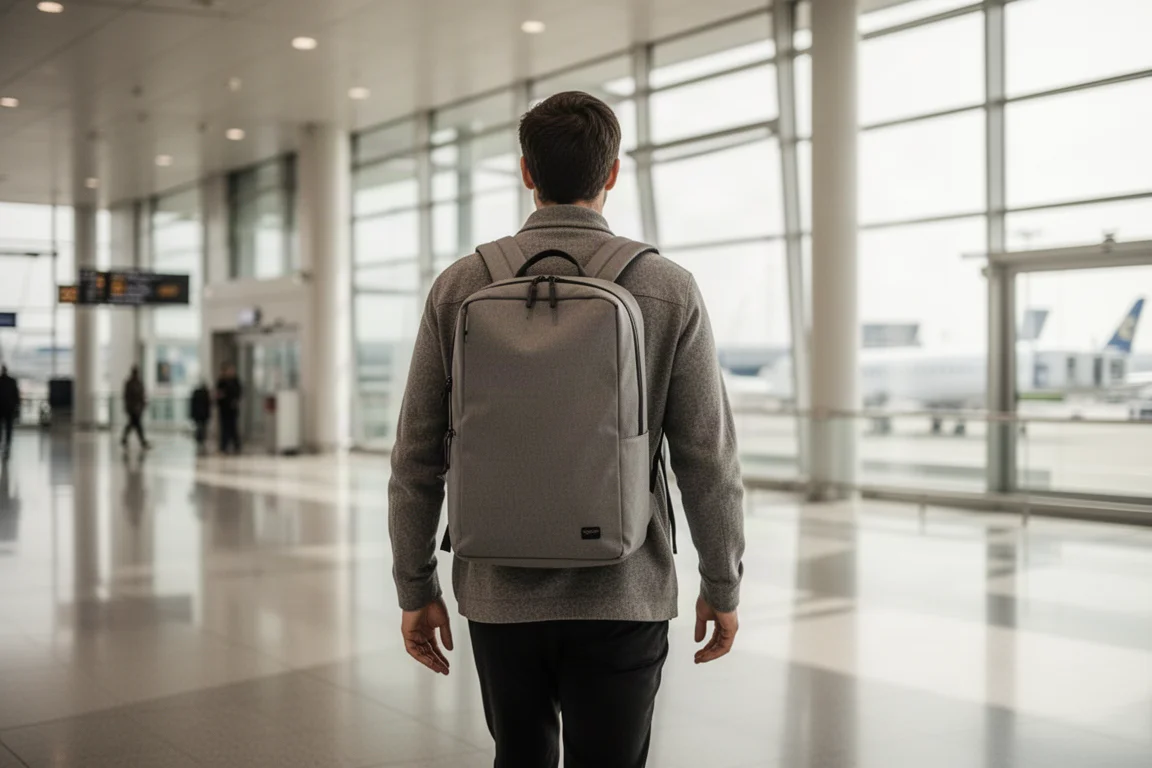 Mochila de viaje minimalista y ligera llevada por un viajero caminando por un aeropuerto