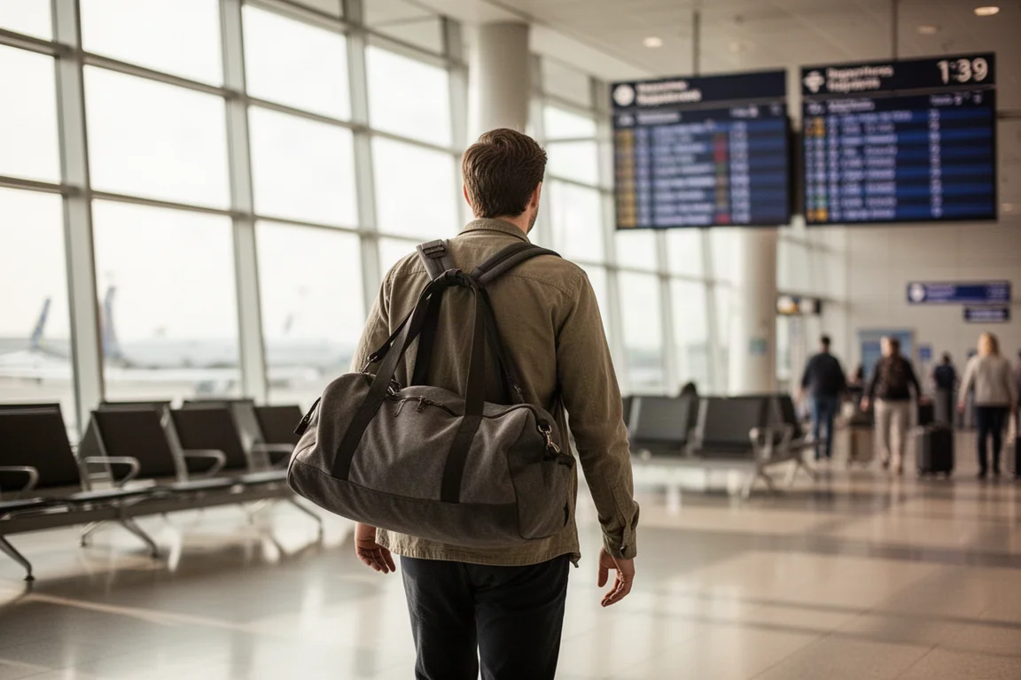 Viaggiatore che trasporta una borsa duffle come zaino in un terminal aeroportuale