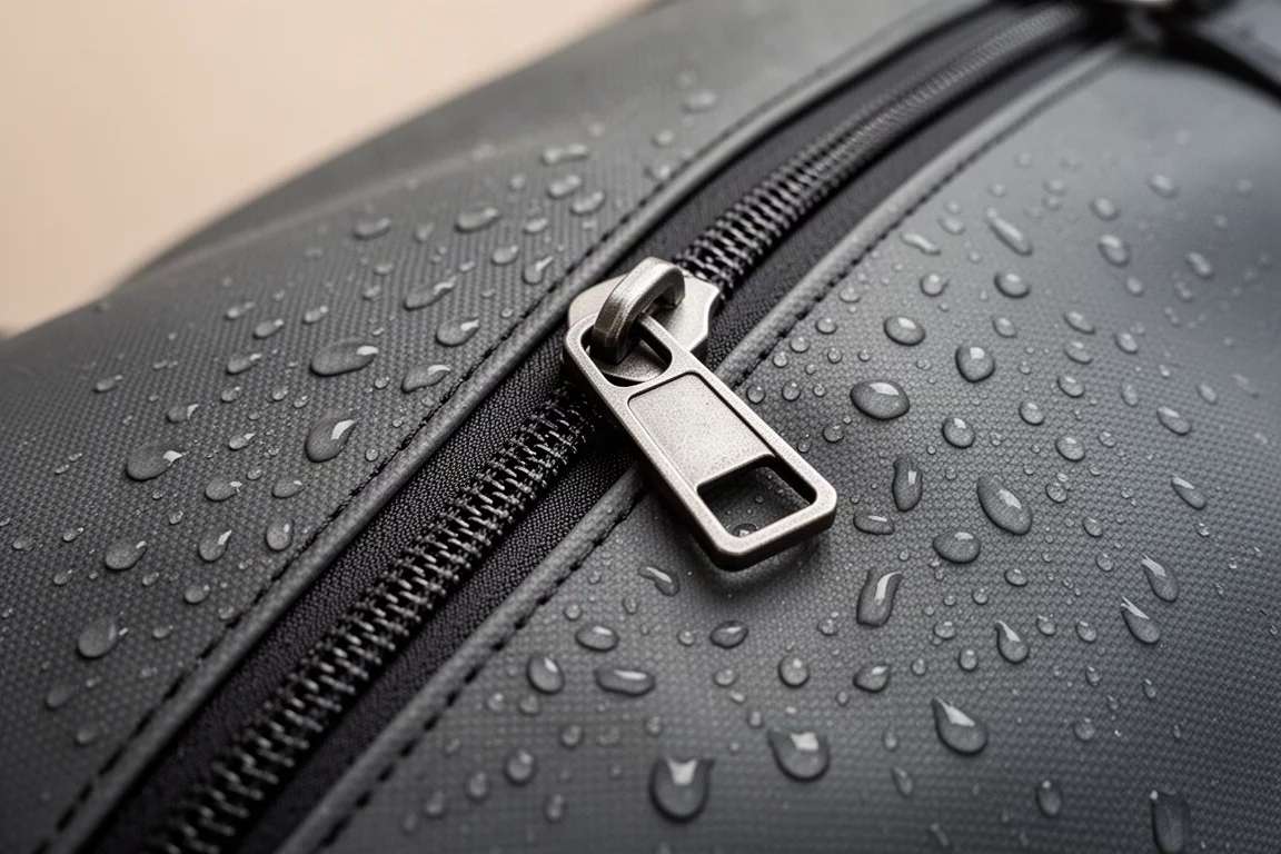 Primo piano di una zip rinforzata di un duffle e della tessitura del tessuto gommato