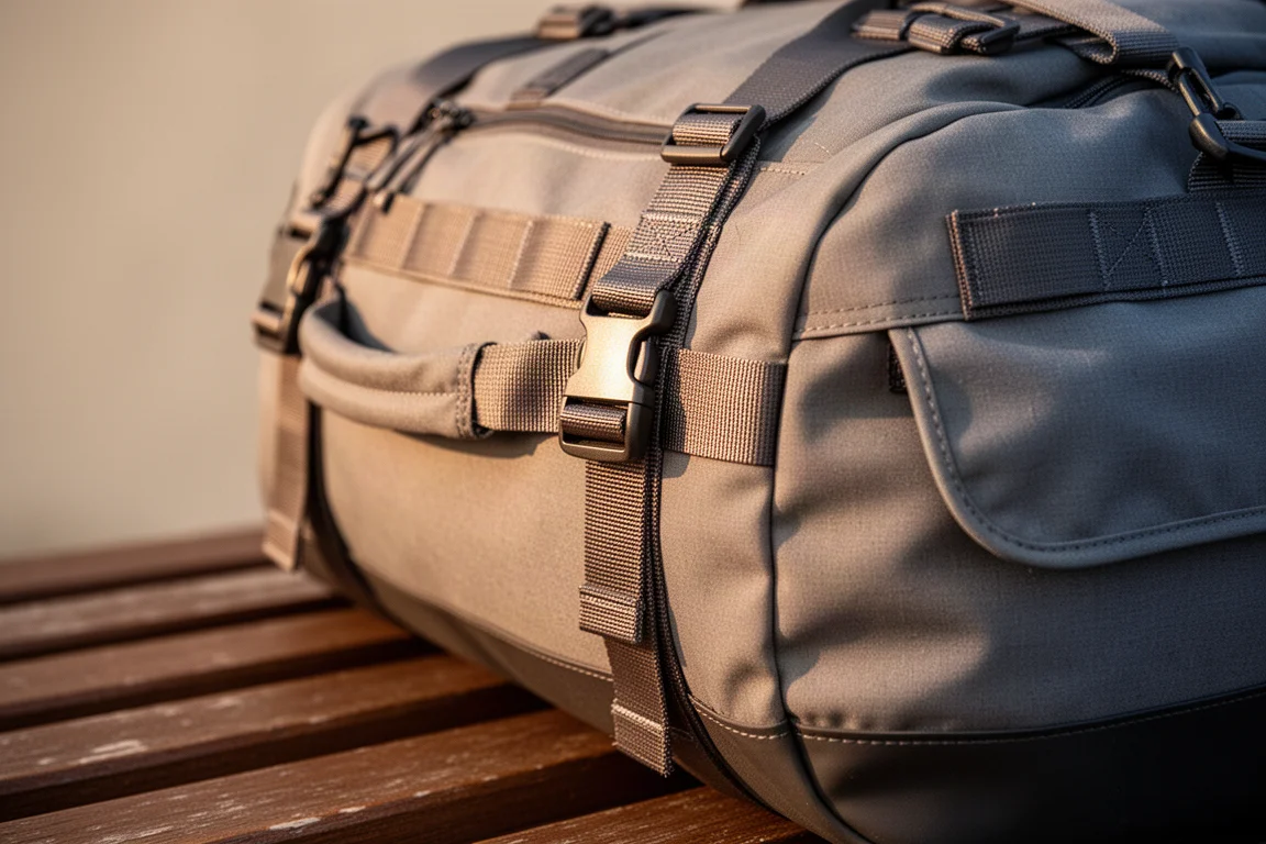 Cinghie di compressione serrate sul fianco di una borsa duffle