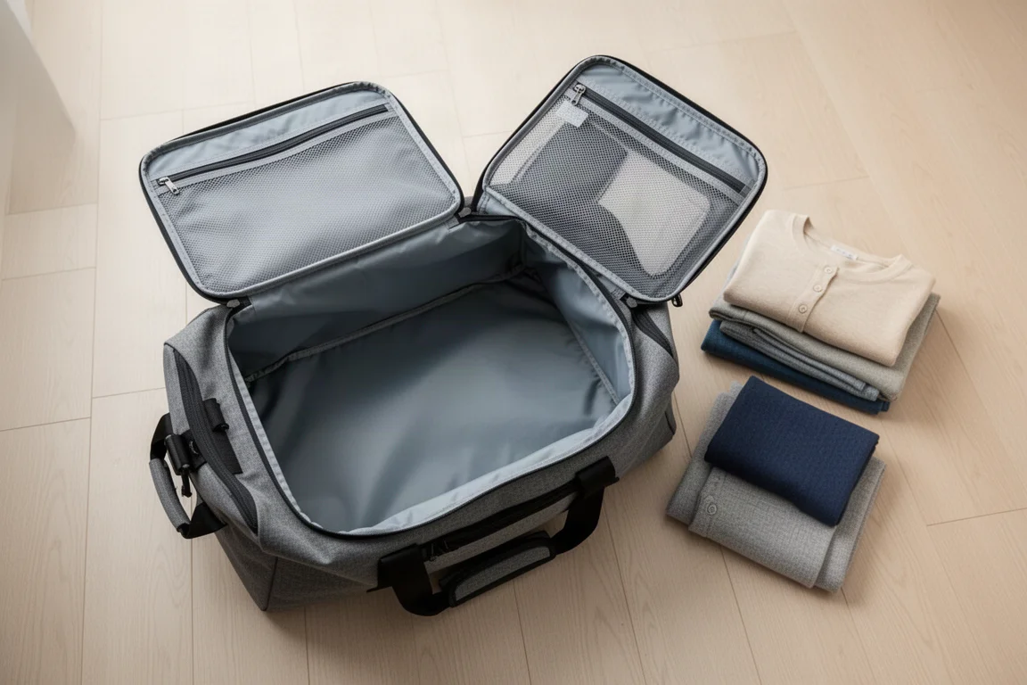 Borsa duffle aperta in piano con un ampio scomparto principale e una tasca sul coperchio