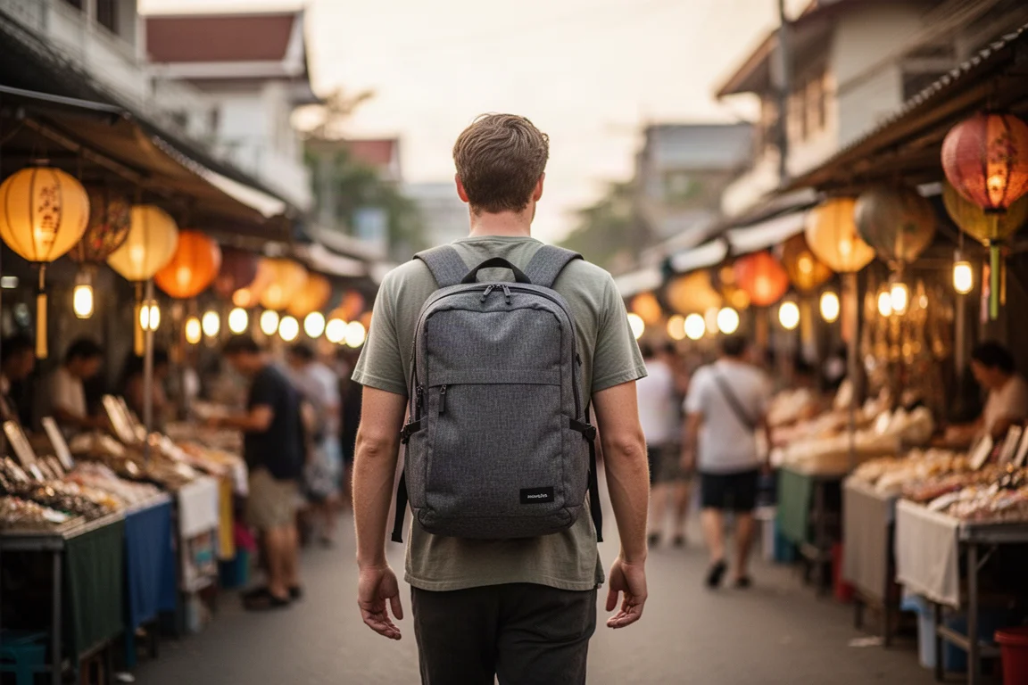 Voyageur marchant dans un marché de rue thaïlandais sous une lumière du soir chaleureuse