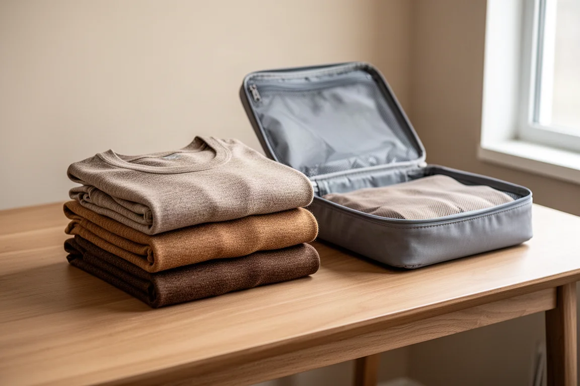 T-shirts en laine mérino pliés et empilés sur un bureau en bois