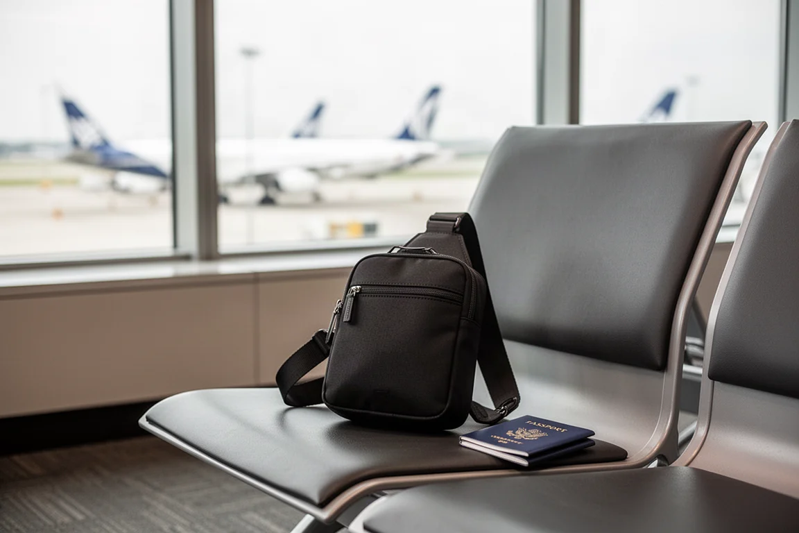 Sac banane fin posé sur un siège d'aéroport