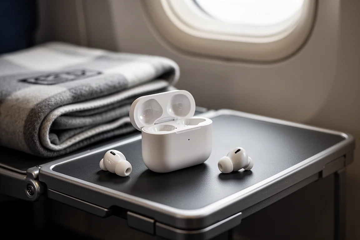 Étui d'écouteurs sans fil ouvert sur une tablette d'avion