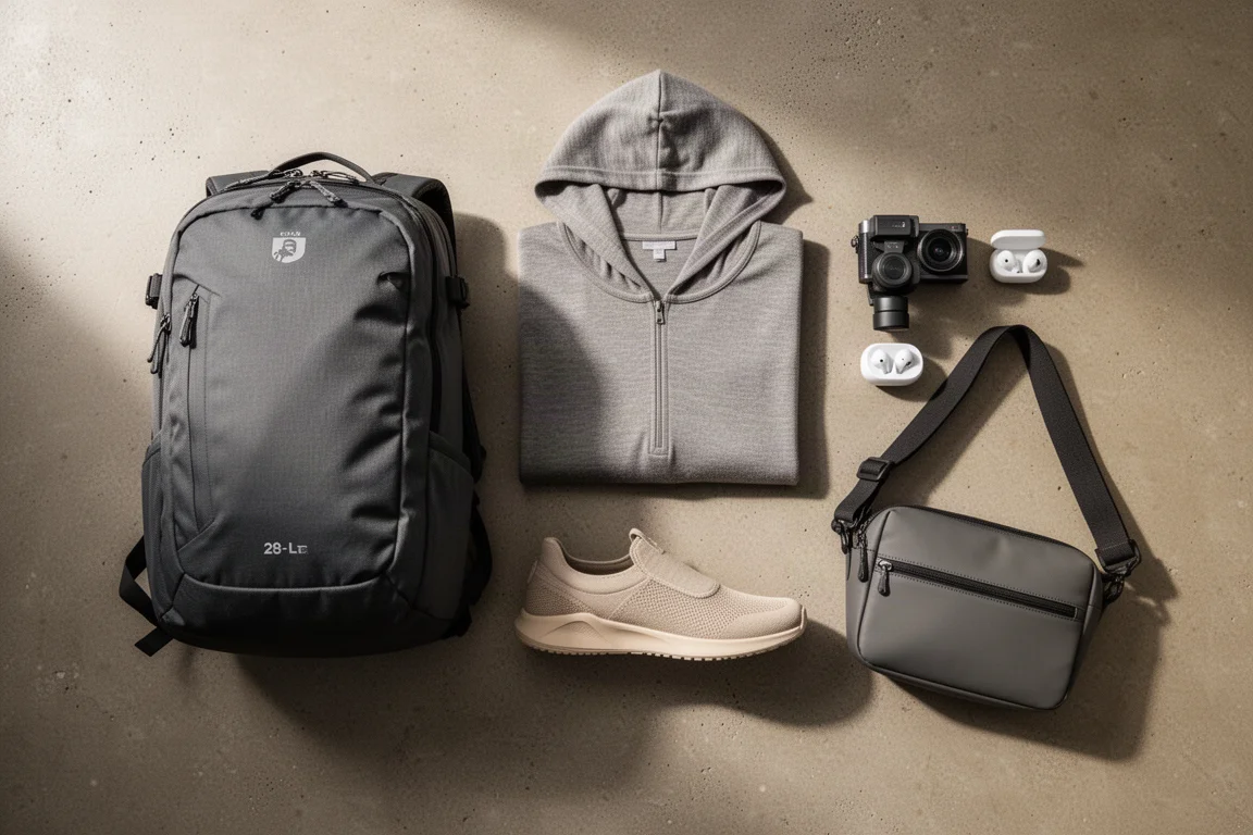 Flat-Lay von Handgepäck-Ausrüstung mit Rucksack, Hoodie, Schuhen, Kamera und Ohrhörern