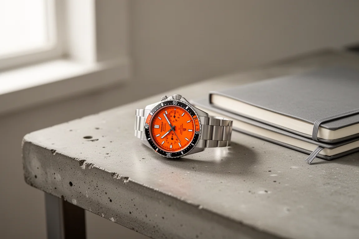 Analoog horloge met draaibare lunet en oranje wijzerplaat liggend op een bureau