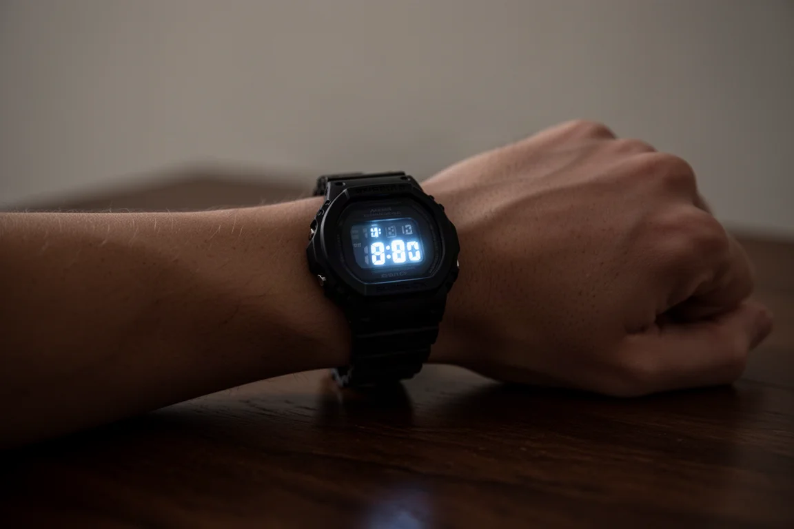 Zwart resin horloge aan een pols waarvan de verlichte display zichtbaar is bij schemering