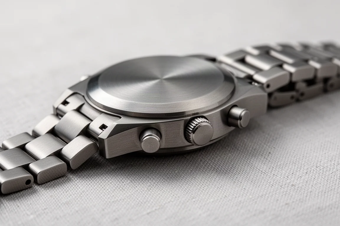 Schakels van een titanium horlogeband en kopers in close-up detail
