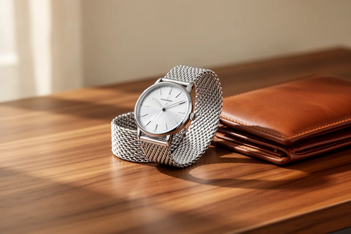 Chique horloge met mesh band en zilveren wijzerplaat op een houten bureau