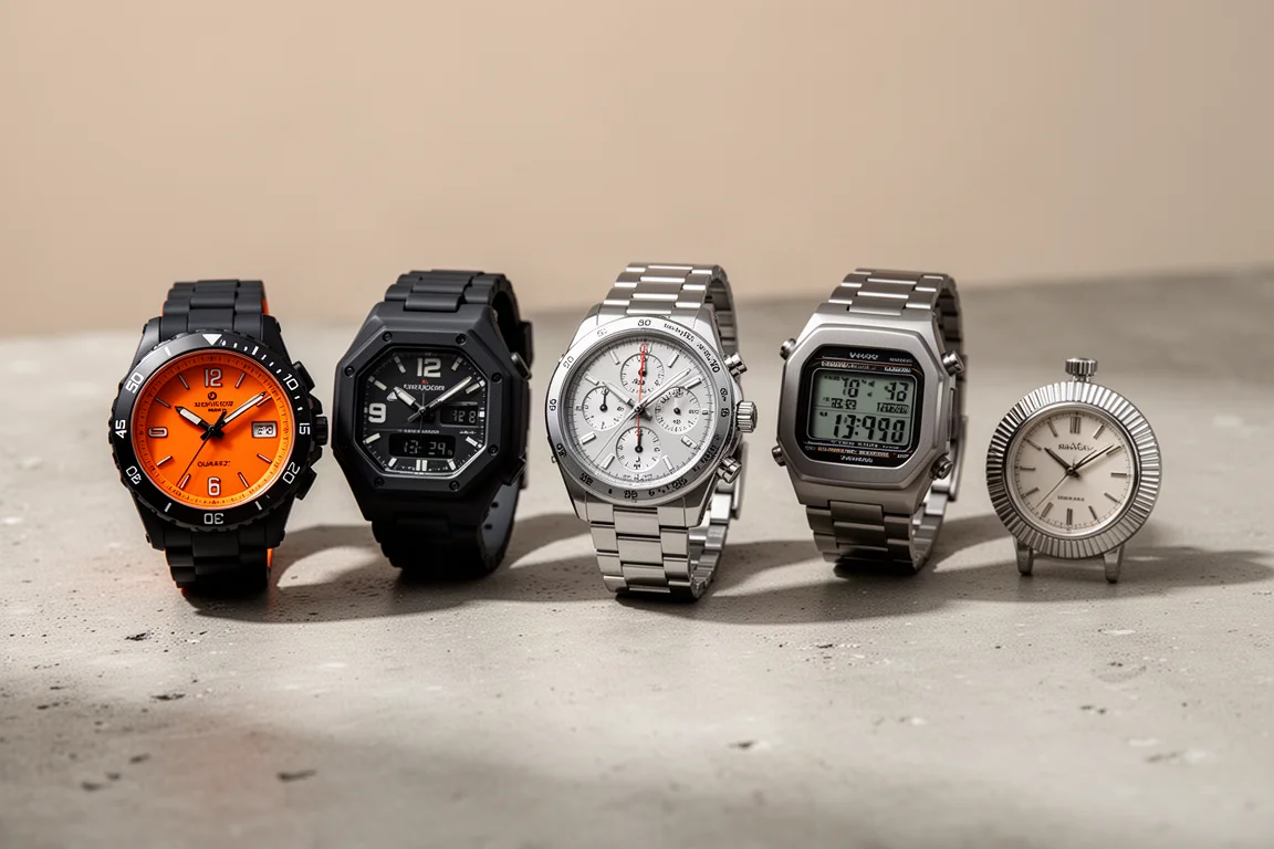 Pięć zegarków Casio ułożonych na betonowej powierzchni