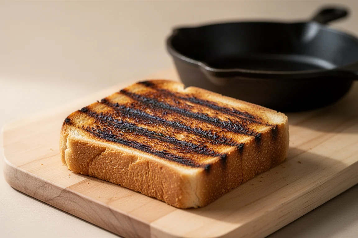 Brot mit dunklen, deutlichen Grillstreifen auf einem Holzbrett