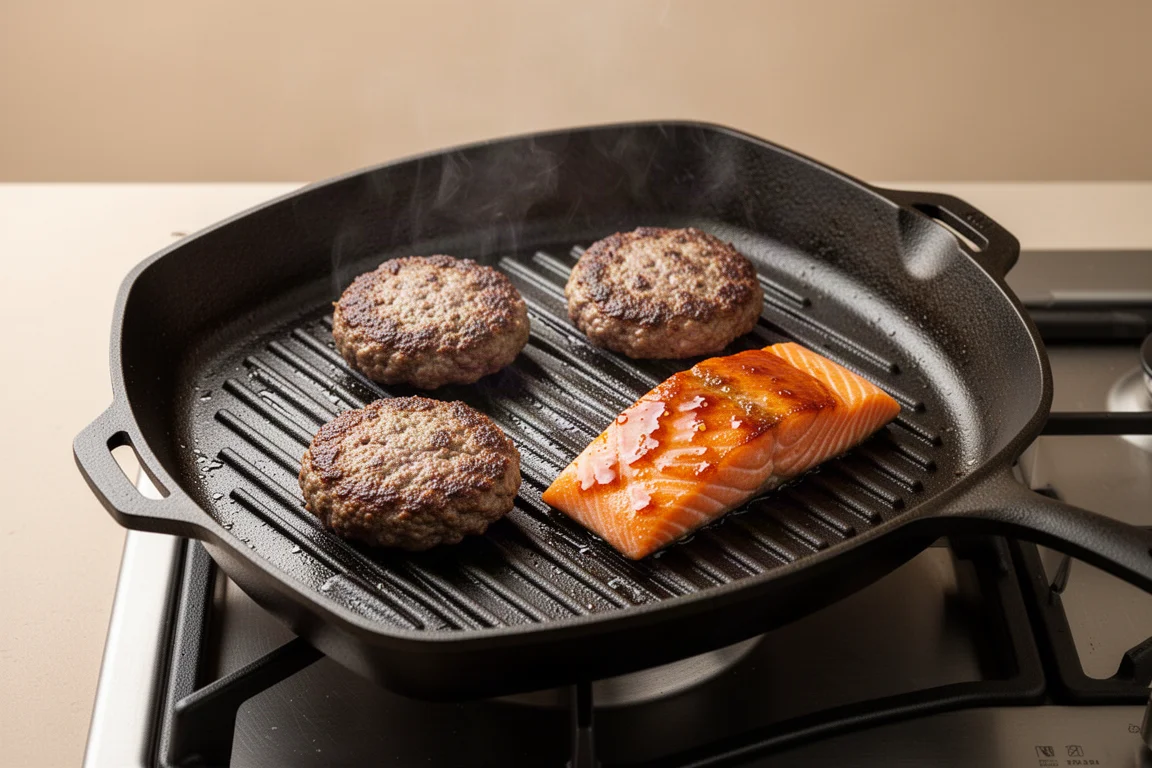 Burger und Lachs auf einer gerippten Grillpfanne mit leichtem Dampf