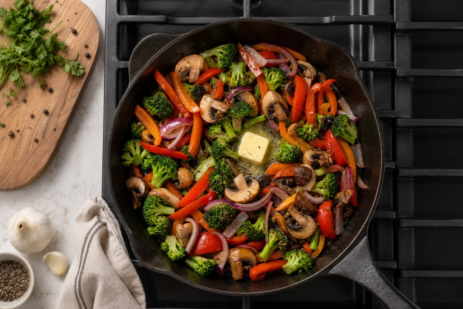 Overhead view of cast iron pan with vegetables being sautéed in butter