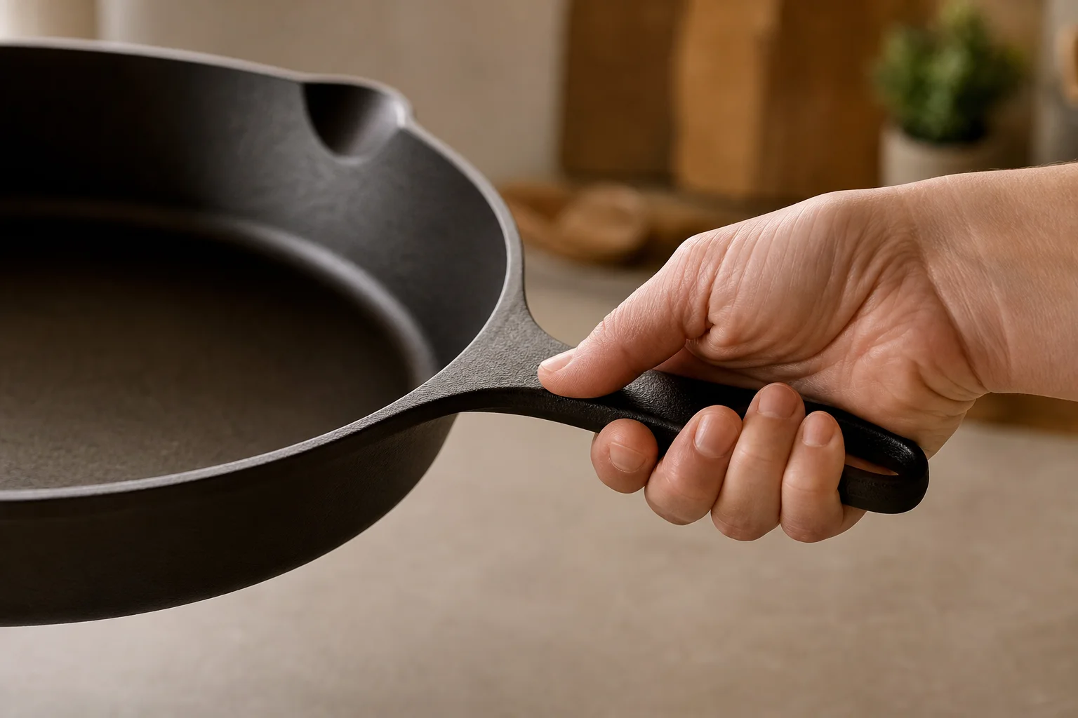 Hand greift den Griff einer Gusseisenpfanne und demonstriert das ergonomische Design