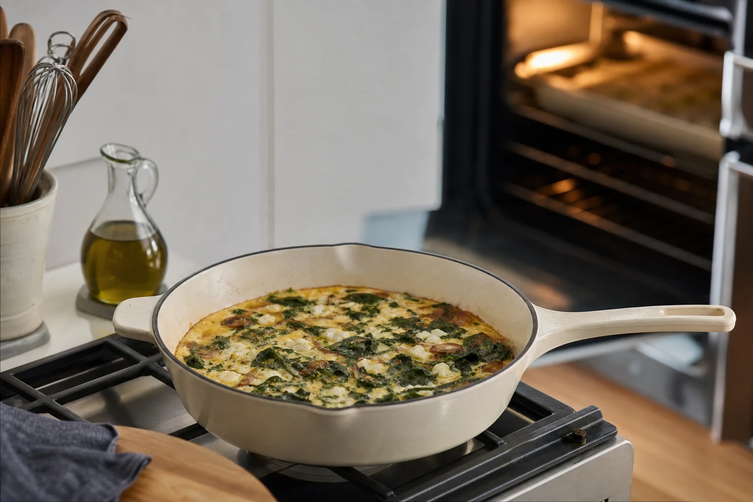 Poêle émaillée avec une frittata sur une plaque de cuisson, porte du four ouverte