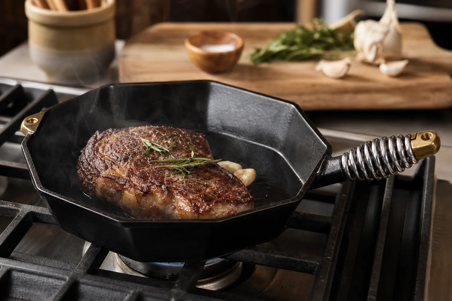 Poêle octogonale FINEX avec un steak saisissant sur une plaque de cuisson au gaz