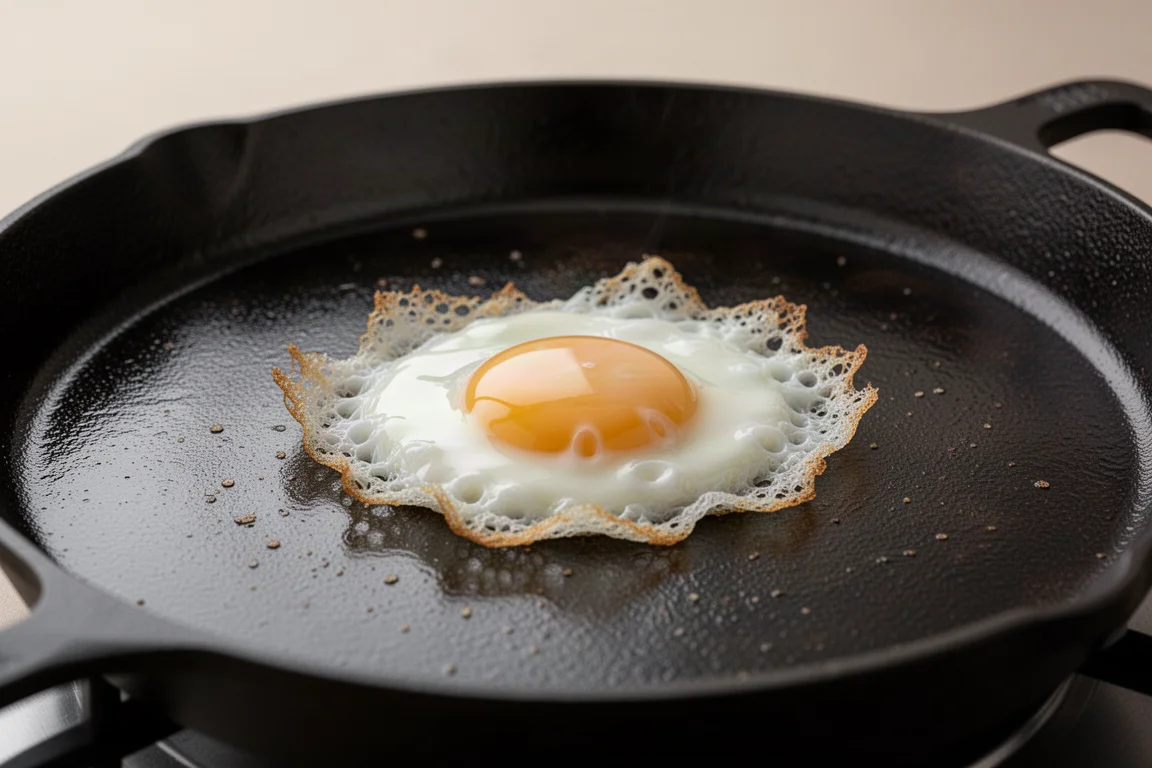 Glatt polierte Oberfläche einer Gusseisenpfanne mit frisch gebratenem Spiegelei
