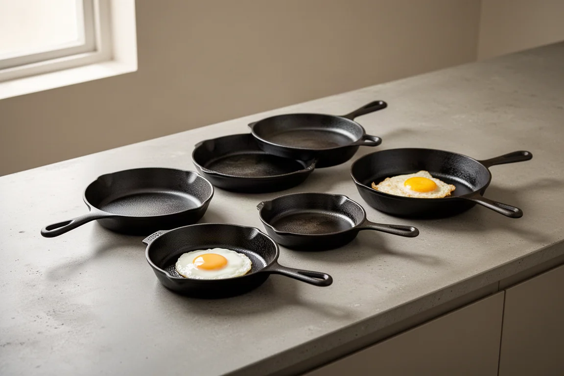 A row of cast iron skillets of varying sizes on a concrete counter