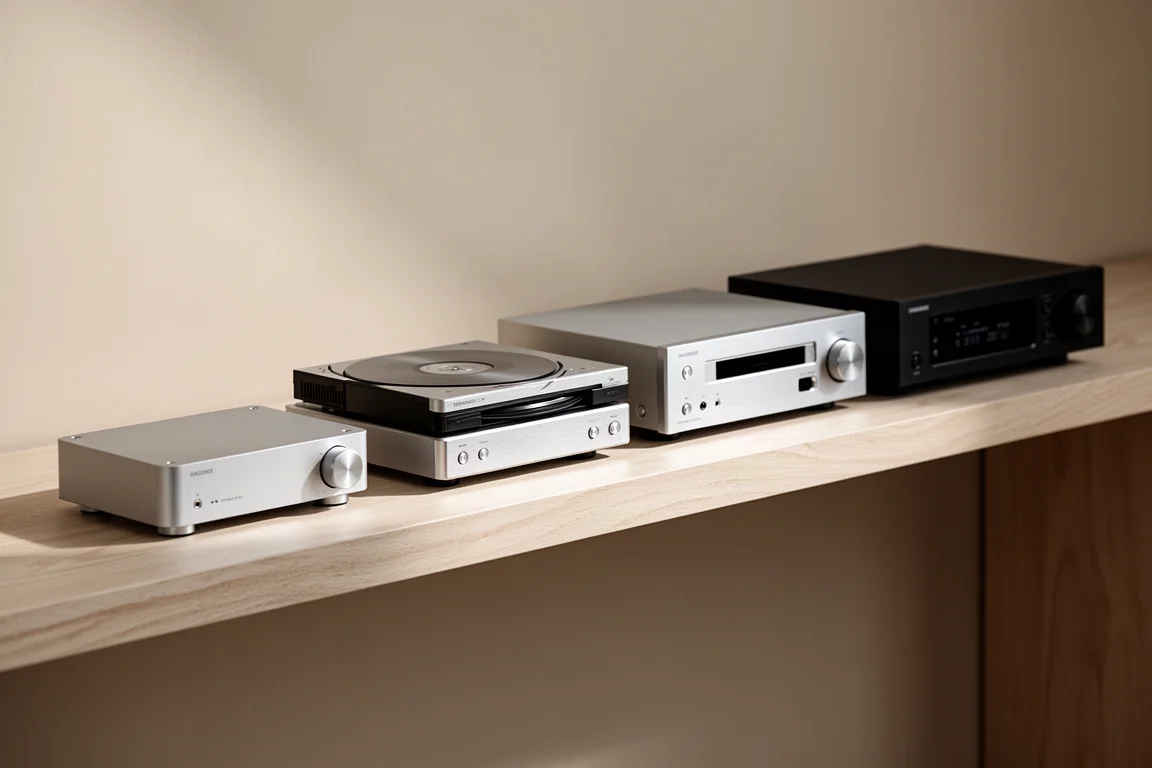 Row of five CD players and a desktop converter on a pale oak shelf
